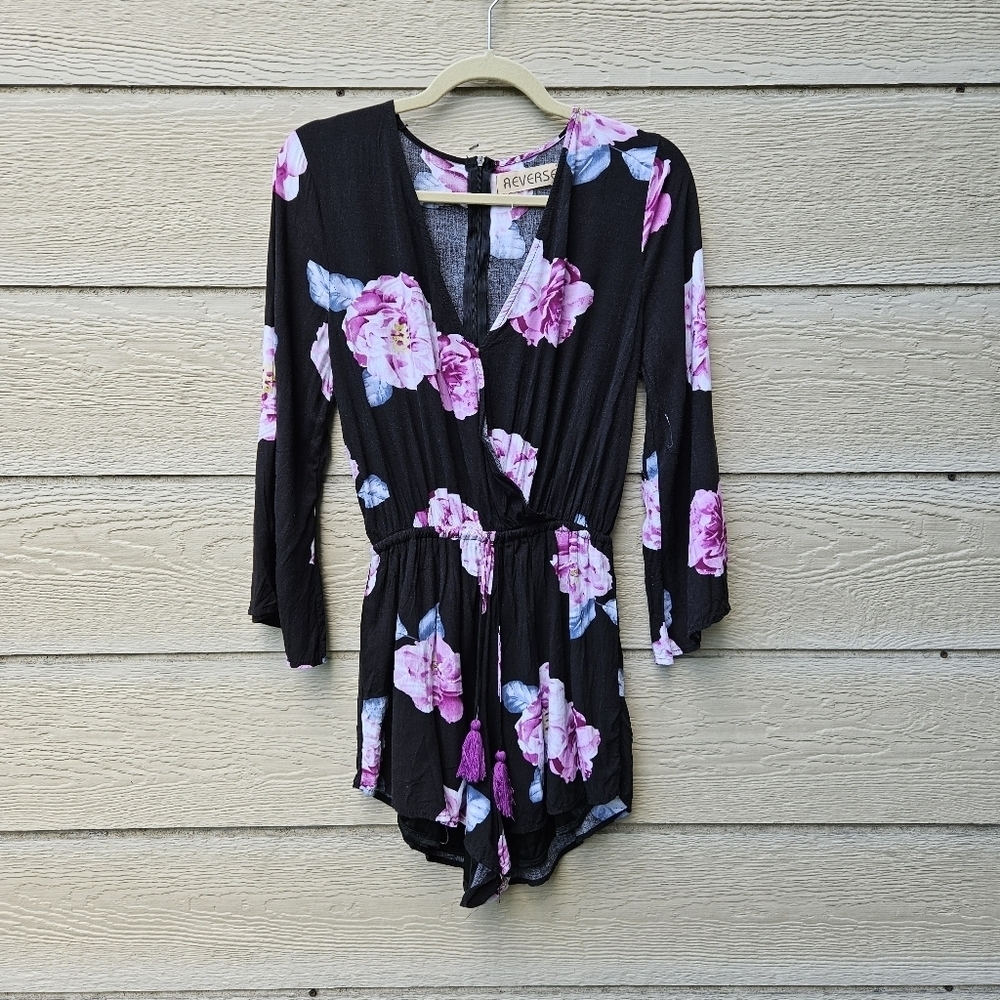 Reverse black floral long sleeve romper large